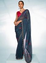 Slub Organza Teal Blue Ceremonial Wear Swarovski Work Saree